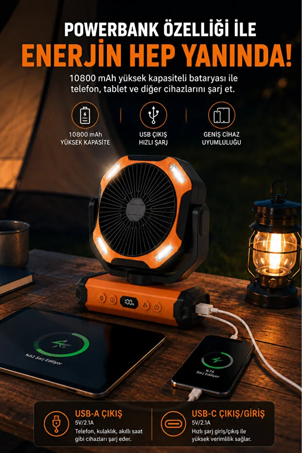 Led fenerli kamp vantilatörü 10800 mah saat ayarlı ayarlanabilir başlık ve asma aparatı